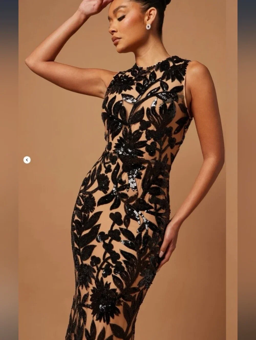 Black Sequin Floral Appliqué Sheath Evening Dress - Nude Lining
